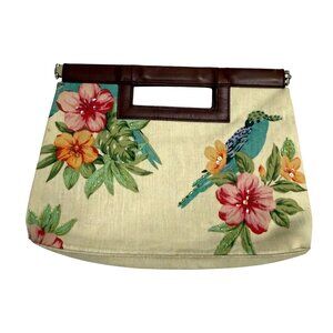 Gap Women's Clutch Purse Ivory Linen Floral Parrot Bird Leather Handle Tropical